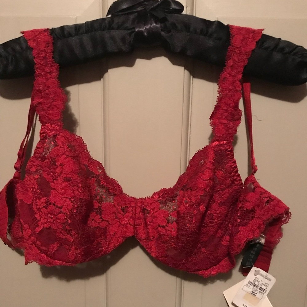 LaPerla deep red lace underwire full cup bra size 36 C with matching thong.